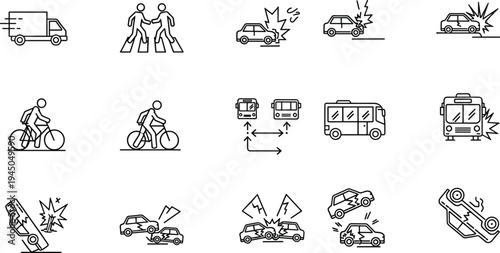Traffic accident and transportation outline icon set with car crash bus bicycle pedestrian truck collision vector line illustration