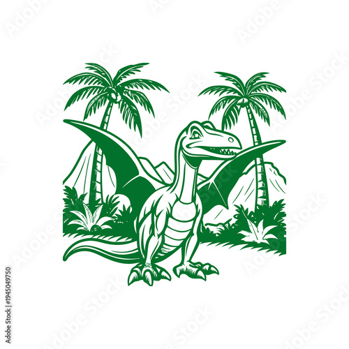 A cartoon green pterodactyl dinosaur standing in a prehistoric landscape with palm trees and mountains.