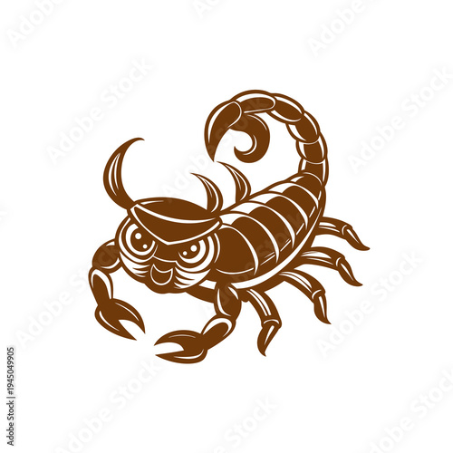 A cute cartoon brown scorpion with big eyes and a smiling face, featuring prominent claws and a curled tail with a stinger, vector illustration.