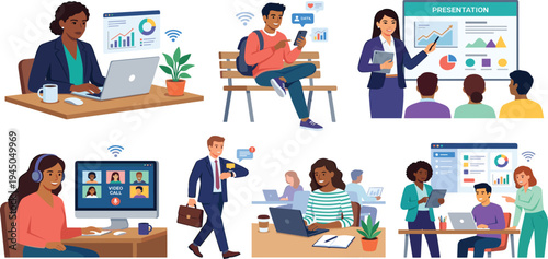 Diverse group of professionals collaborating and working remotely in modern office settings, showcasing teamwork and technology