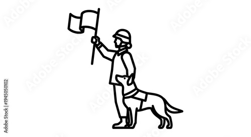 Guide dog with handler holding flag, symbol of assistance and direction