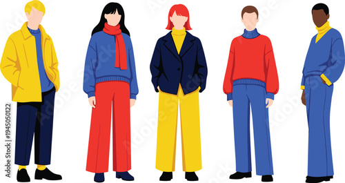 Young people winter fashion vector illustration, modern men and women casual clothing, trendy seasonal outfit characters collection