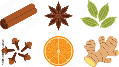 Aromatic spice vector illustration with cinnamon sticks, star anise, cardamom pods, cloves, orange slice and fresh ginger root