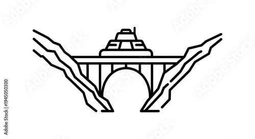 Iconic Bridge Archway with Mountain Cliffs, Minimalist Line Art Illustration