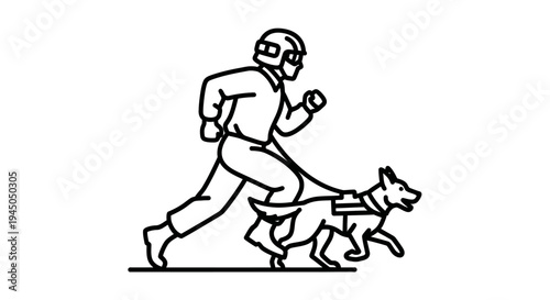 K9 Unit Officer Running With Police Dog in Harness - Line Art