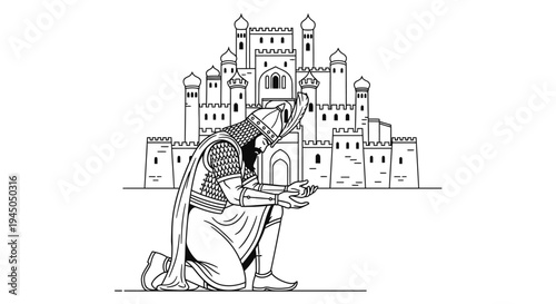Kneeling Warrior Before Grand Fortress, Medieval King Praying for Victory