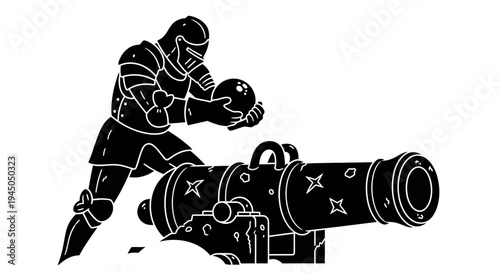 Knight loading cannon with bowling ball, medieval warfare, fantasy, historical concept