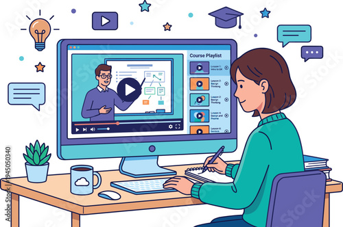 Online course or virtual class, a student watches a digital lesson on a computer screen during e-learning at home