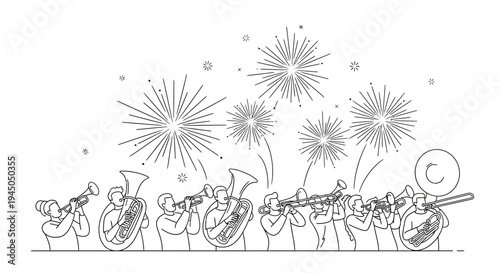 Line Art Illustration of a Brass Band Playing Music with Fireworks Display