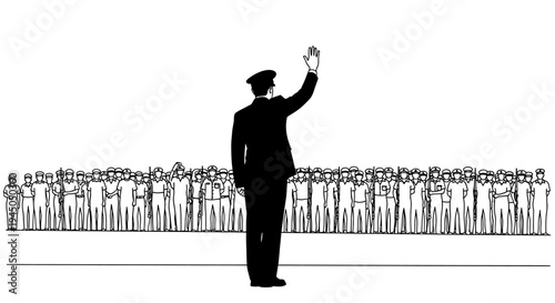 Leader Waving to Crowd, Silhouette of Man in Uniform Addressing Audience, Unity Concept