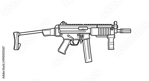 Line Art Illustration of a Compact Submachine Gun with Collapsible Stock and Vertical Foregrip
