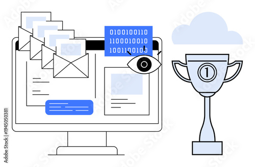 Data protection. Monitor displaying digital communication with data, security icons, and a trophy achievement. Data protection ensures safe communication and reliable systems. For IT, cybersecurity