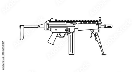 Line Art Illustration of a Modern Submachine Gun with Bipod and Stock
