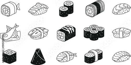 Delicious Sushi and Japanese Cuisine Vector Icon Set Featuring Nigiri Maki Rolls Sashimi Temaki and Tempura for Restaurant Menu Design Graphics
