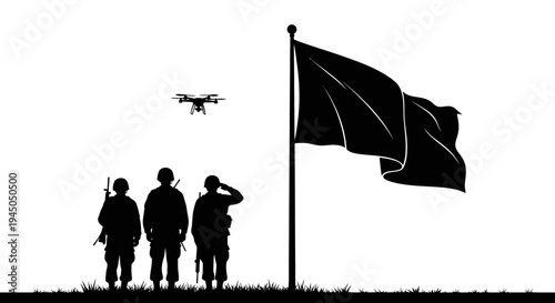 Military drone surveillance over soldiers saluting flag, symbolizing modern warfare and patriotism