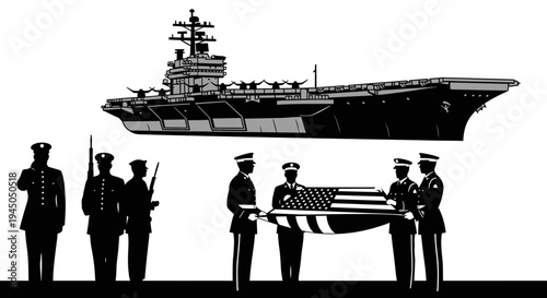 Military Funeral Ceremony: Honor Guard Carries Flag-Draped Coffin Near Aircraft Carrier