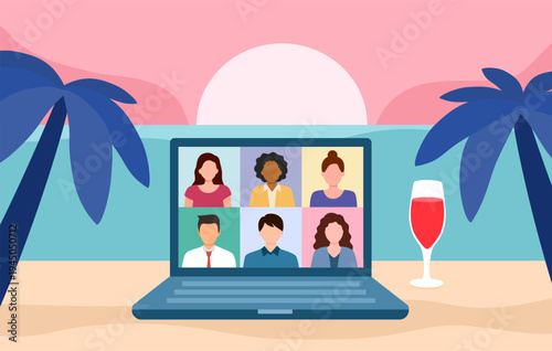 Office on a beach with a laptop showing a video conference meeting