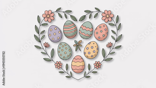 Colorful easter eggs in heart shaped floral wreath with flowers and leaves on white background festive holiday decoration