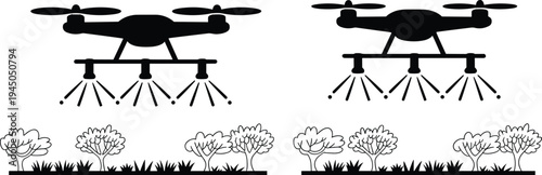 Agricultural drone spraying crops vector illustration farming technology UAV pesticide sprayer over field plants silhouette smart agriculture concept