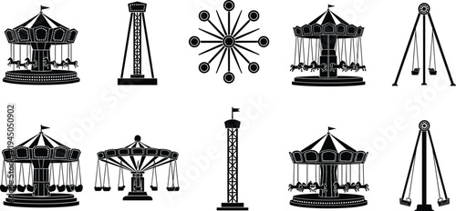 Amusement park rides silhouette set with carousel ferris wheel swing ride tower attraction vector illustration isolated carnival entertainment icons