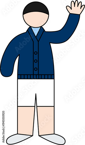 Photos Man in Buttoned Cardigan and Shorts Waving Hand, Flat Vector Character Illustrat