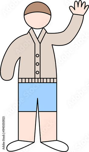 Photos Man in Buttoned Cardigan and Shorts Waving Hand, Flat Vector Character Illustrat
