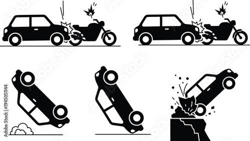 Car accident and crash icon set vehicle collision rollover impact danger road safety warning silhouette vector illustration collection