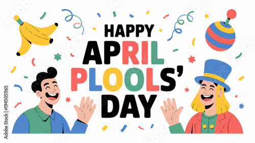 Happy april fools' day celebration with confetti and two smiling people waving