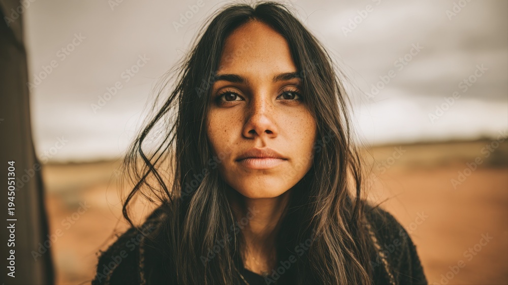 Fototapeta premium Portrait of a young, determined woman with captivating eyes set against a blurred background