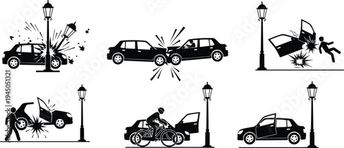 Car accident with street lamp collision scenarios including vehicle crash cyclist impact and pedestrian danger silhouette vector illustration set