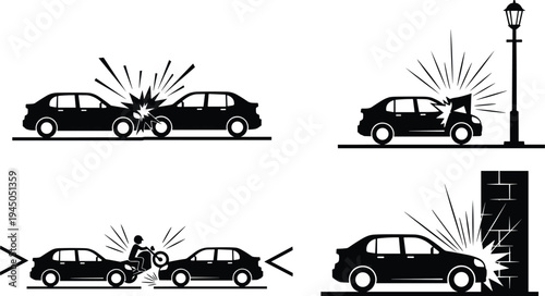 Car accident collision silhouette set with vehicle crash scenarios including rear end motorcycle crash street lamp and wall impact vector