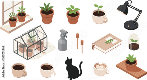 Isometric vector illustration set of indoor gardening elements featuring potted plants, greenhouse, desk lamp, books, coffee cups, and black cat silhouette on white background.