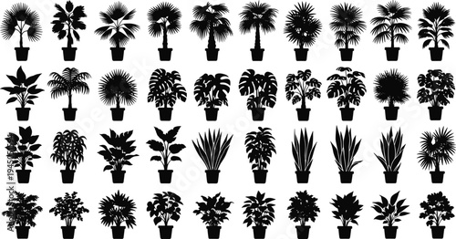 Large collection of black potted plant silhouettes featuring diverse indoor houseplants, tropical palms, monstera leaves, and floral greenery isolated on white background for interior design.