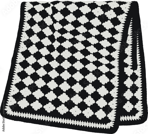 Black and white diamond crochet blanket, folded textile illustration, geometric pattern, handmade knit throw, cozy home decor, vector graphic design