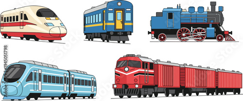Collection of train types including high speed passenger train vintage steam locomotive freight cargo train and modern metro rail vector illustration set
