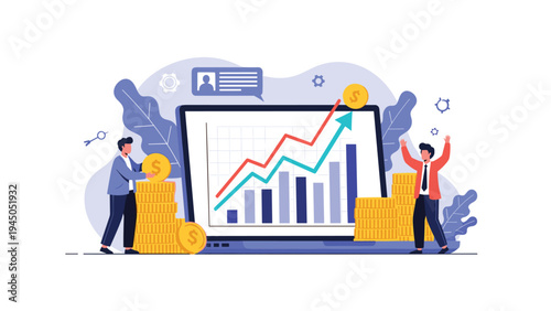 Successful businessmen celebrating financial growth and profit increase shown on large laptop screen with bar charts.