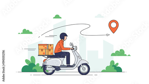 Courier riding white scooter with cardboard boxes for fast delivery service in city street toward map location.