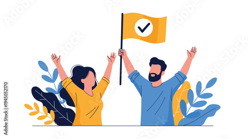 Happy man and woman celebrating victory and achievement while holding yellow flag with checkmark symbol together.