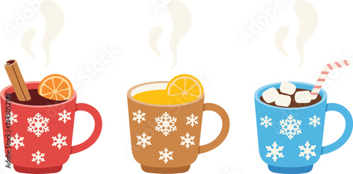 Winter hot drinks mugs vector illustration set with cocoa, tea and coffee, cinnamon stick, orange slice, marshmallows festive beverage