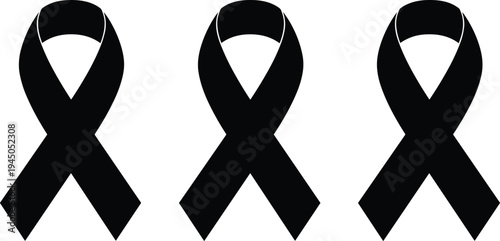 Black awareness ribbon icon set, mourning and remembrance symbol, memorial support vector illustration, cancer awareness design elements, solidarity and tribute concept