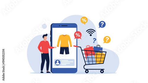 Consumer using mobile app on large smartphone to shop for clothes with full shopping cart and discount icons.