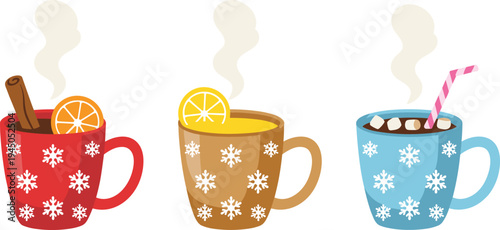 Winter hot drinks vector set with cocoa, coffee and tea mugs, cinnamon stick, orange slice, marshmallows cozy beverage illustration