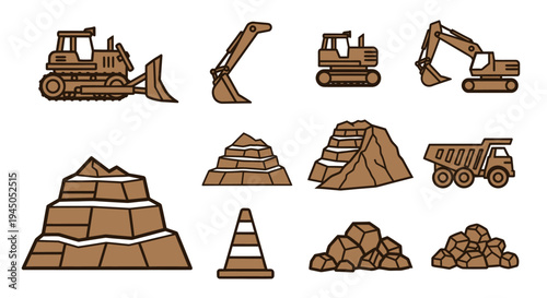 Construction Equipment and Sand Piles Illustration.