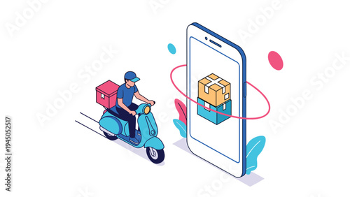 Isometric delivery service concept showing courier on scooter next to large smartphone with digital package tracking.