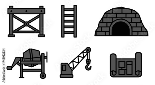 Construction Equipment Icons in Monochrome Style.