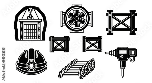 Construction Equipment Icons Set Black White Illustration.