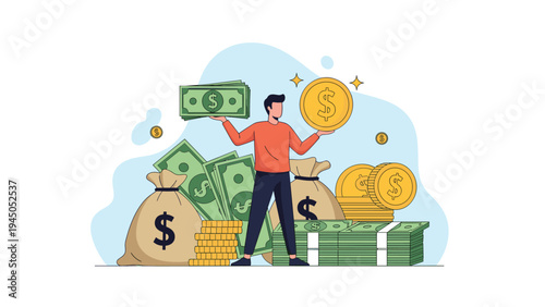 Successful man holding stacks of paper money and large gold coin surrounded by wealth and financial assets.