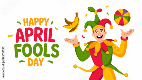 Jester in colorful outfit juggling banana and ball on happy april fools' day