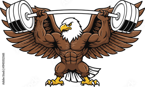 Muscular eagle lifting heavy barbell, powerful bald eagle mascot illustration for gym, fitness and bodybuilding concept, strong athletic bird character logo design