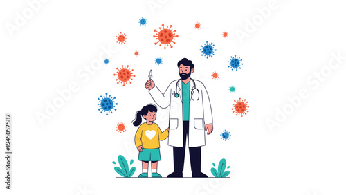 Pediatrician in white coat protecting young girl from viruses by providing vaccination and medical care in clinic.
